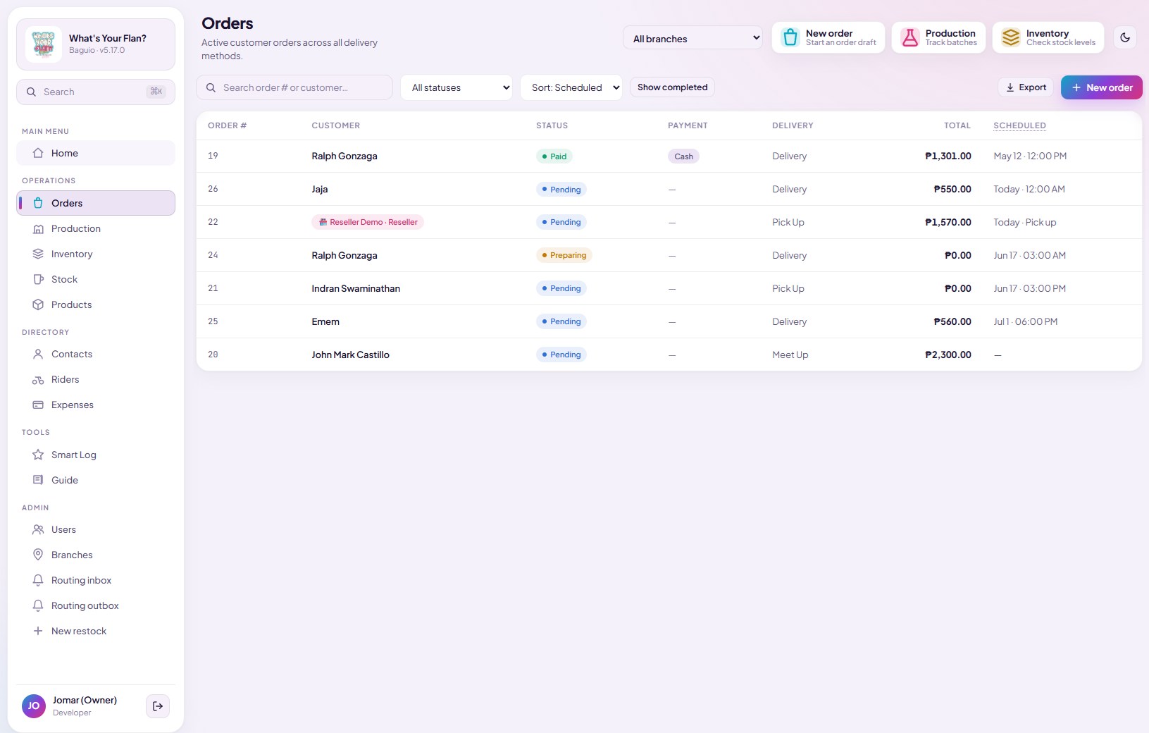 Orders page